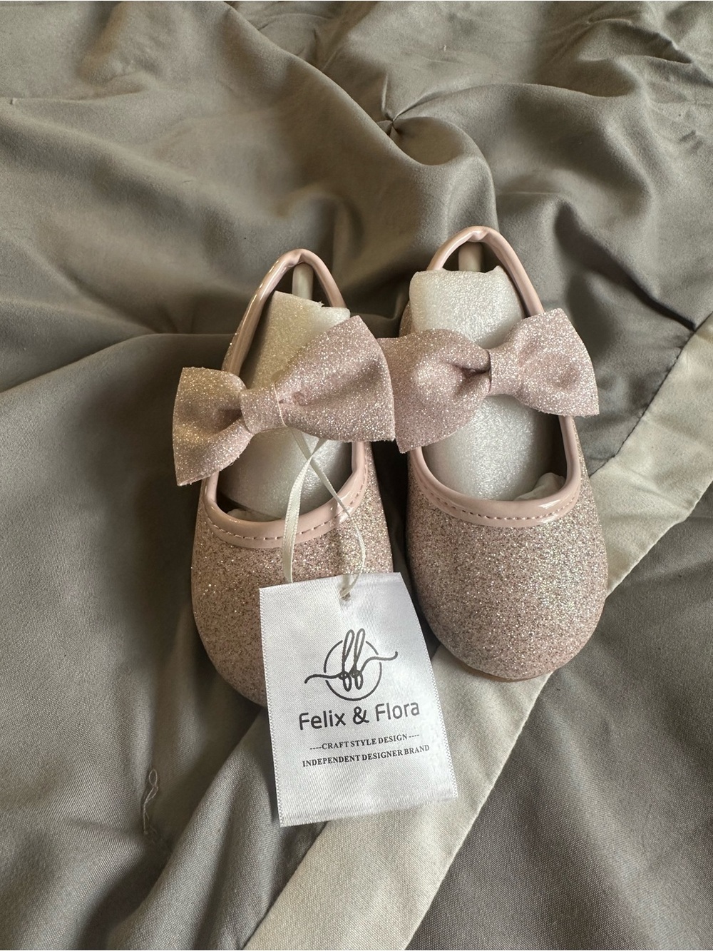 Felix & Flora Baby Pink Glitter Bow Mary Jane Shoes